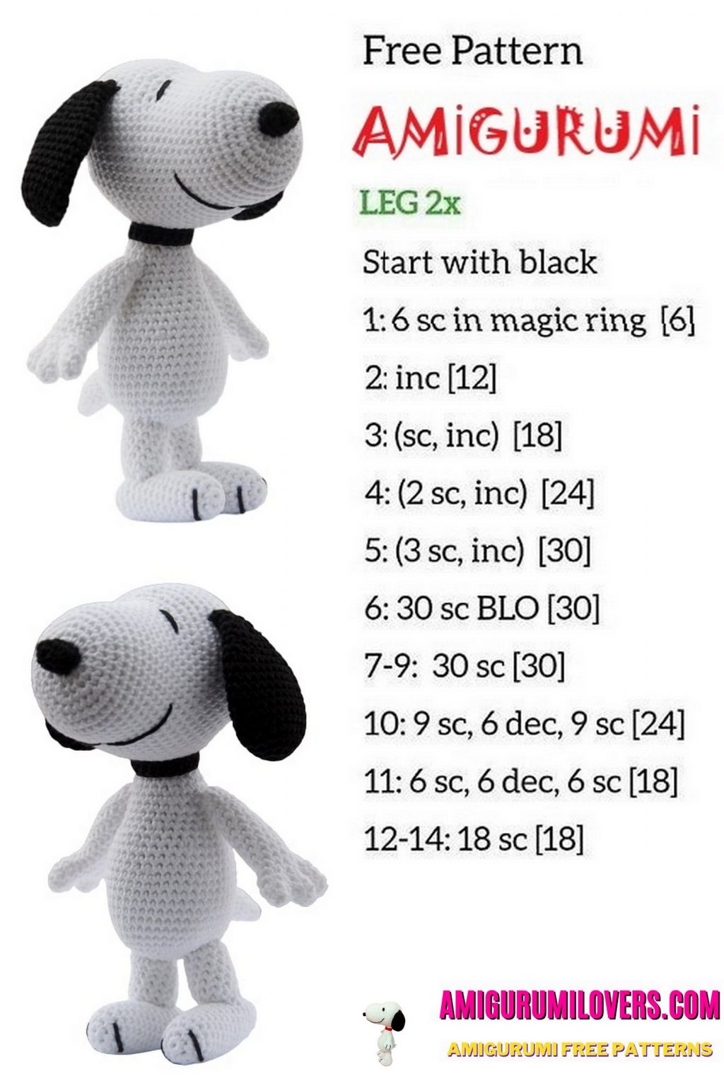 Free Crochet Pattern for Amigurumi Dog Snoopy – Amigurumilovers.com
